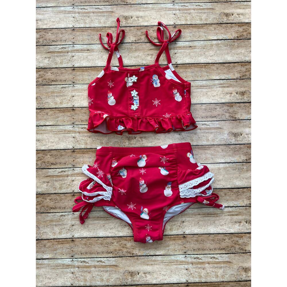 Love and Grow Frosty Snowman Girls High Waisted Ruffle Swimsuit Size 3T